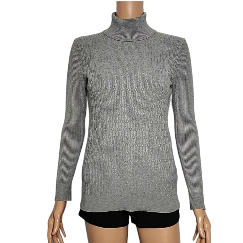 Joan Vass Women Ribbed‎ Turtle Neck Long Sleeve Stretch Gray Top Sweater Size S